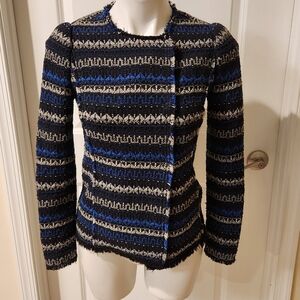 Rebecca Taylor size 0 blazer jacket blue and beige, tweed frayed hem